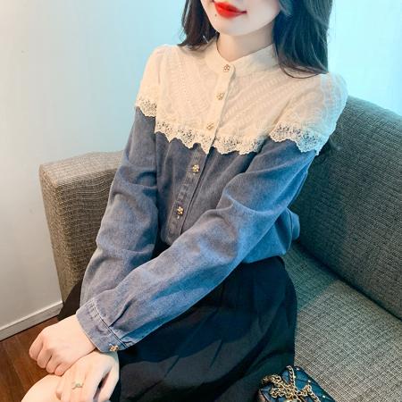 RM33699#蕾丝拼接牛仔衬衫女士 新款春季别致高级感气质上衣洋气