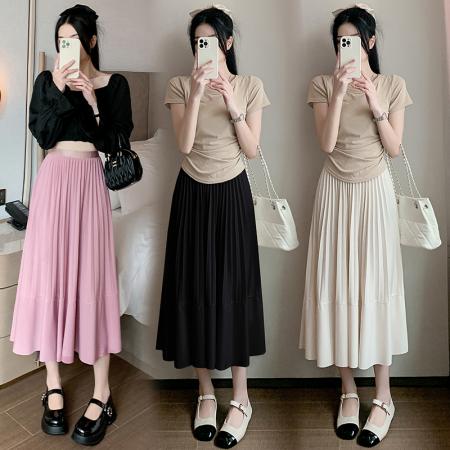 RM33712#法式拼接百褶裙女 新款设计感小众半身裙高腰显瘦a字长裙