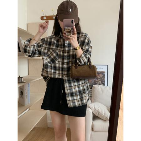 RM33715#格子衬衫女春夏美式宽松百搭长袖 新款休闲慵懒风上衣