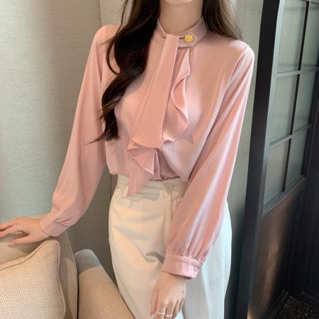 RM33736#新款简约时尚百搭OL风高级缎面长袖雪纺衬衫女上衣