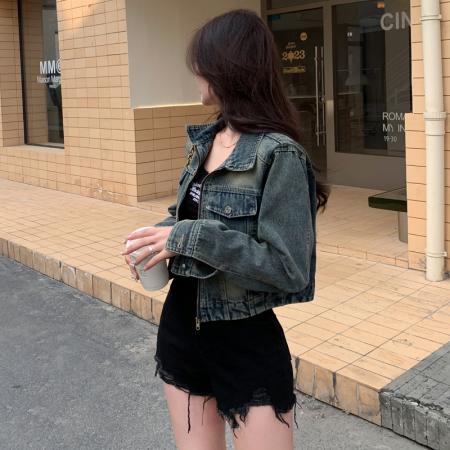 RM33739#美式复古小众短款宽松做旧机车牛仔外套女