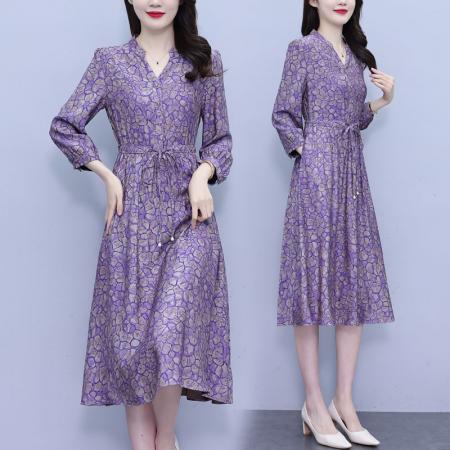 RM33752#真丝桑蚕丝连衣裙 新款贵夫人高端气质收腰显瘦妈妈裙子