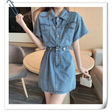RM33773#设计感韩版polo领正肩大码女装微胖大码牛仔连衣裙女修身中长款