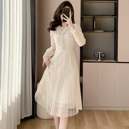 RM33776#v领蕾丝连衣裙女 新款网纱百褶裙淑女小香风裙子早春