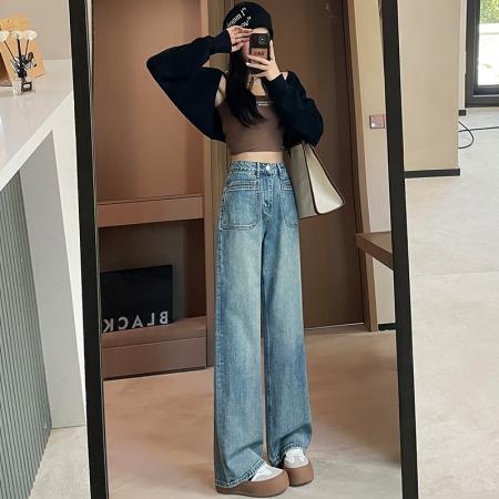 RM33777#蓝色窄版阔腿牛仔裤 新款早春高腰显瘦直筒宽松复古拖地裤