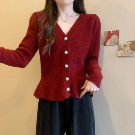 RM33779#小香风红色V领针织毛衣开衫外套女春秋款高级感减龄显瘦打底上衣