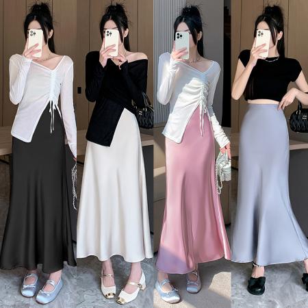 RM33789#新款高腰显瘦法式复古缎面包臀鱼尾半身裙长裙子女