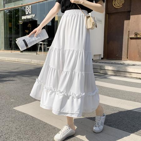 RM33790#木耳花边半身裙女夏高腰显瘦中长款荷叶边裙子拼接a字蛋糕裙长裙