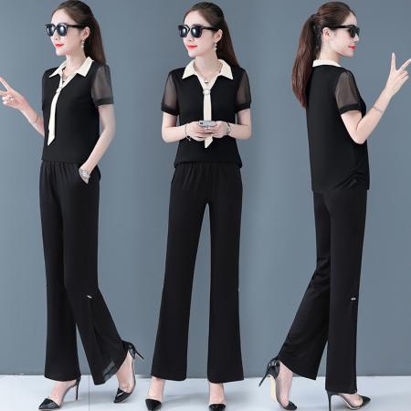 RY2729#赫本风御姐阔脚裤套装女夏季新款洋气轻熟气质休闲套装