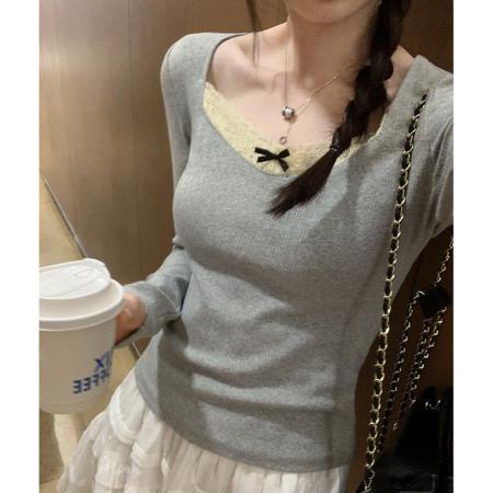 RM33801#蕾丝花边V领漏锁骨螺纹打底衫女 新款正肩长袖T恤