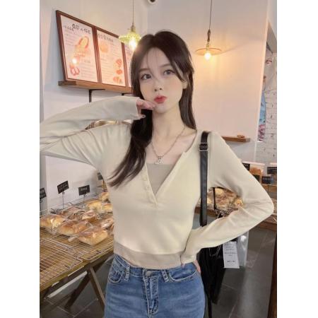 RM33803#大码 V领小众设计感假两件休闲百搭显瘦T恤长袖
