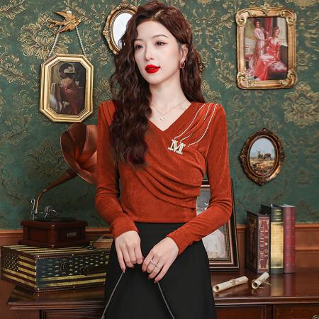 RM33814#长袖金丝绒设计感女装修身上衣纯色
