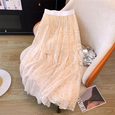 RM33816#网纱拼接百褶半身裙女2024春夏新高腰显瘦气质垂感A字大摆裙