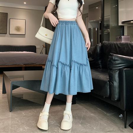 RM33817#简约百搭木耳边个性半松紧牛仔中长大摆裙伞裙半身裙