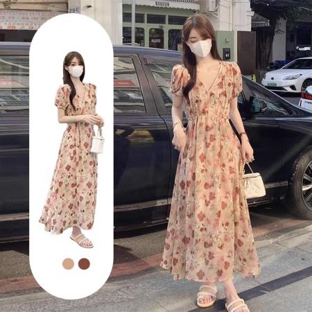 RM33823#碎花v领连衣裙子女夏季2024新款温柔风茶歇法式高端气质精致长裙
