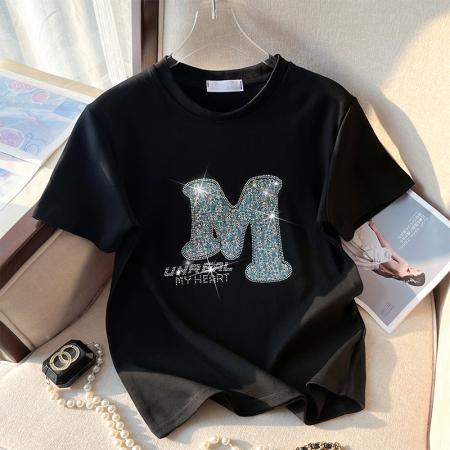 RM33848#新款重工亮片爱心烫钻短袖体恤纯棉宽松