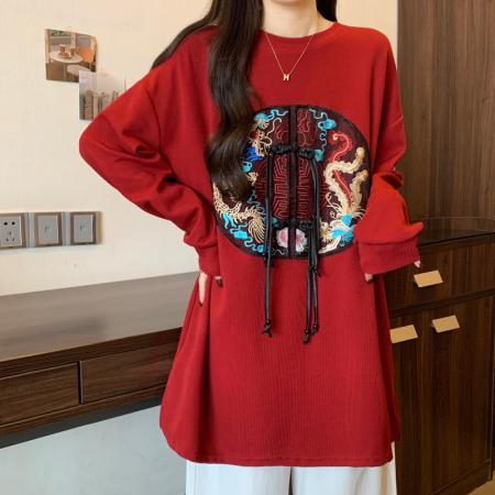 RM33852#新款大码女胖mm过年穿红色国风刺绣纯棉大版百搭T恤