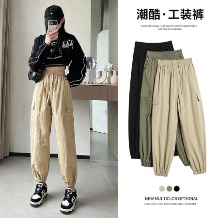 RM33855#洗水棉休闲裤女2024春夏新款潮酷高腰宽松束脚休闲工装哈伦裤