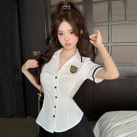 RM33862#白色V领收腰衬衫女夏学院风jk制服短袖衬衣百褶裙足浴技师工作服