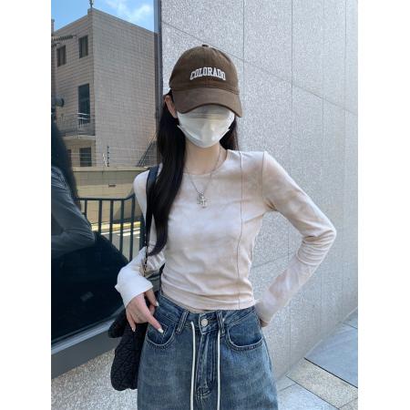 RM33867#韩版修身圆领扎染辣妹设计感纯棉内搭长袖T恤上衣