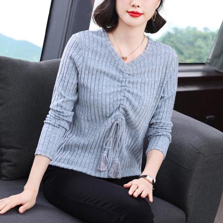 RM33881#新款长袖V领气质减龄抽绳系带打底衫设计感上衣女