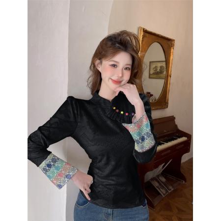 RM33897#新款复古真丝刺绣拼接盘扣立领套头T恤修身喇叭袖衬衣