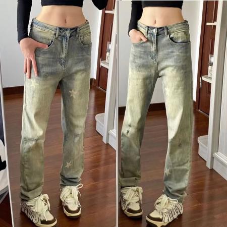 RM33915#纽扣做旧新款浅色自然腰九分裤潮流牛仔裤女简约气质直筒裤