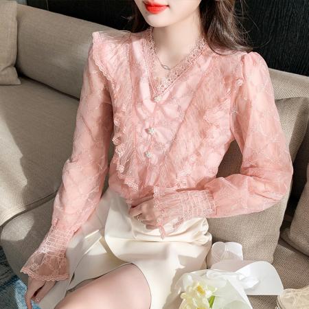 RM33917#新款重工刺绣蕾丝雪纺衫女荷叶边时尚气质上衣