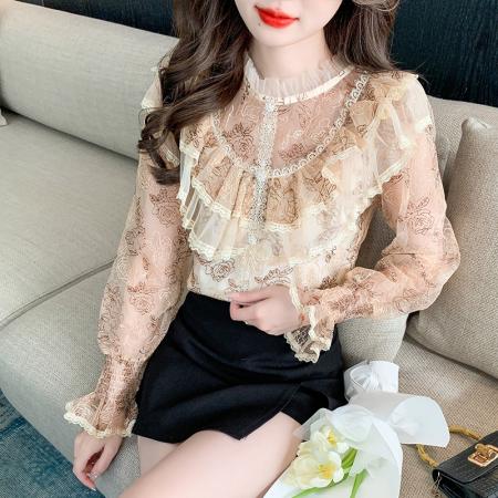 RM33918#新款重工刺绣蕾丝雪纺衫女荷叶边时尚气质上衣