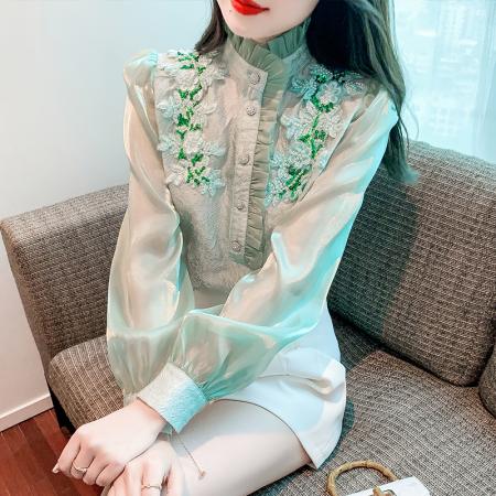 RM33926#新款长袖名媛风蕾丝衫/雪纺衫荷叶领甜美上衣