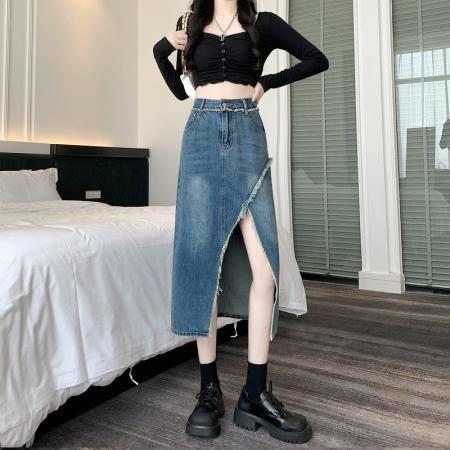 RM33929#性感辣妹水洗毛须显瘦高腰牛仔中长裙半身裙女