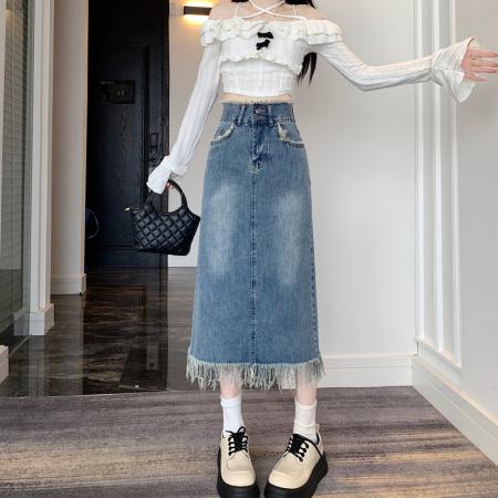 RM33930#高腰双扣显瘦水洗高级性感毛须遮臀大码MM牛仔半身长裙女