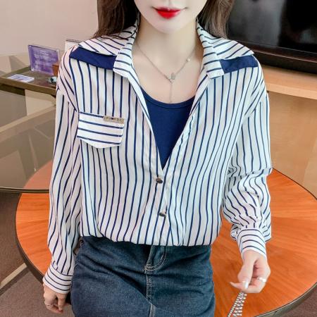 RM33935#新款百搭条纹衬衫2024设计感拼接针织内搭背心POIO领上衣