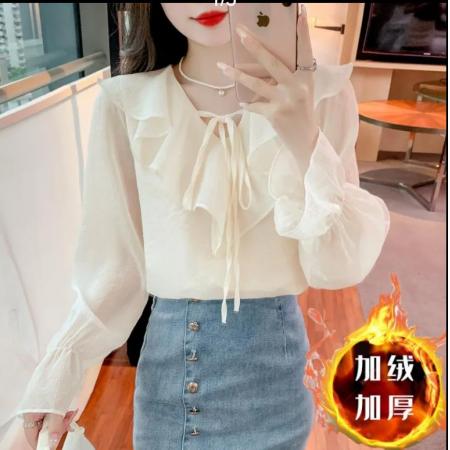 RM33966#新款法式温柔风荷叶边喇叭长袖加绒衬衫女小清新衬衣上衣