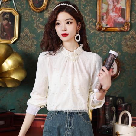 RM33968#小立领刺绣钉珠蕾丝衬衫女长袖 新款漂亮洋气小衫