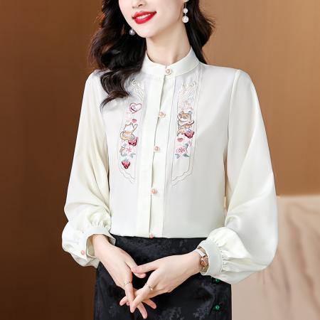 RM33978#新中式刺绣盘扣长袖衬衫女春2024春季新款高级感女士上衣洋气衬衣