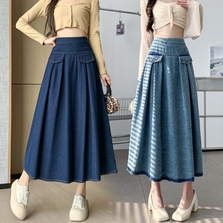 RM33985#春夏新款时尚韩版简约假口袋宽褶大摆A字高腰牛仔半身裙