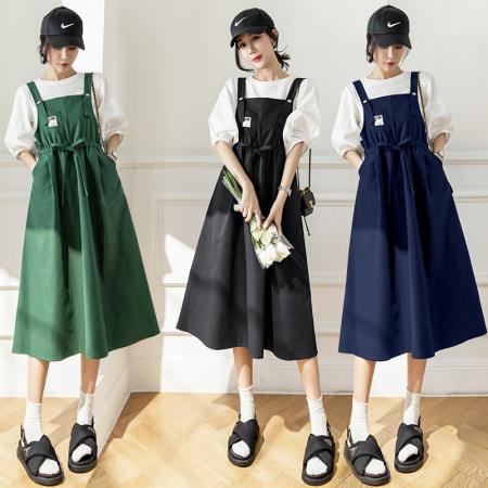 RM33989#绿色森系复古背带裙春夏女2024新款韩版宽松收腰显瘦牛仔工装