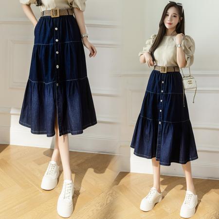 RM33990#牛仔半身裙女2024年新款弹力开叉显瘦复古高腰包臀裙a字长裙