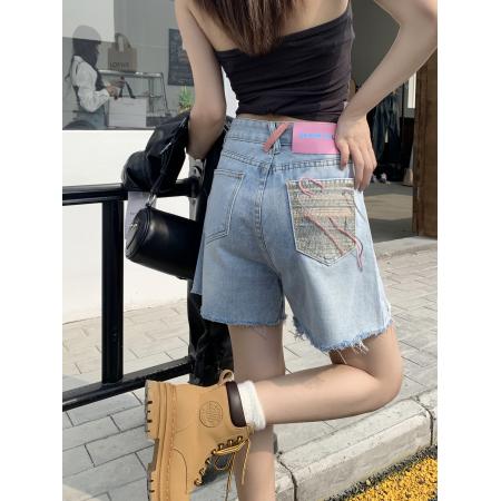 RM33991#韩版撞色刺绣女士牛仔裤子夏季毛边a字高腰短裤