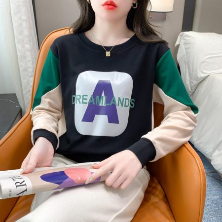 RM33997#新款百搭时尚拼接宽松圆领长袖女装休闲上衣
