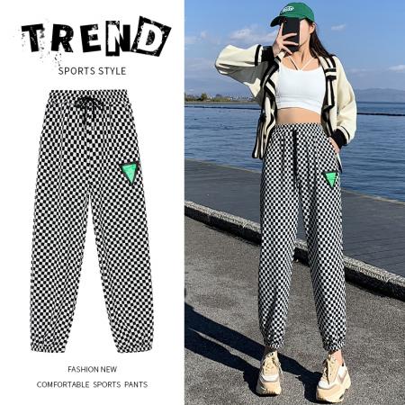 RM34013#黑白棋盘格休闲束脚裤女 高腰宽松运动裤哈伦长裤ins