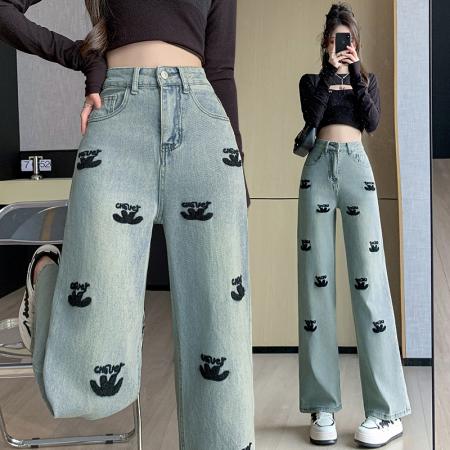 RM34014#刺绣字母牛仔直筒裤 新款韩版复古辣妹窄版阔腿长裤