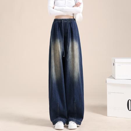 RM34015#蓝色阔腿牛仔裤女高腰 新款宽松复古休闲直筒长裤子