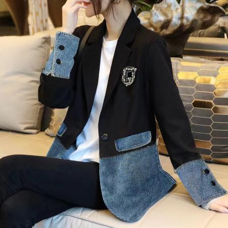 RM34020#韩国新款时尚百搭牛仔拼接大码西装外套女