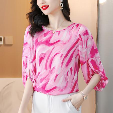 RM34021#真丝上衣 新款气质名媛法式小衫高端大牌桑蚕丝印花T恤