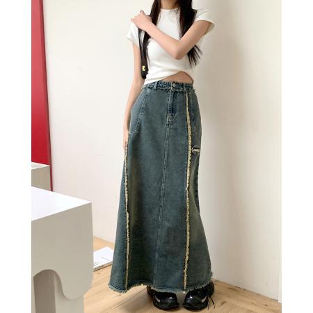 RM34057#春夏新款显高瘦设计感复古毛边开叉牛仔裙子半身裙长裙女
