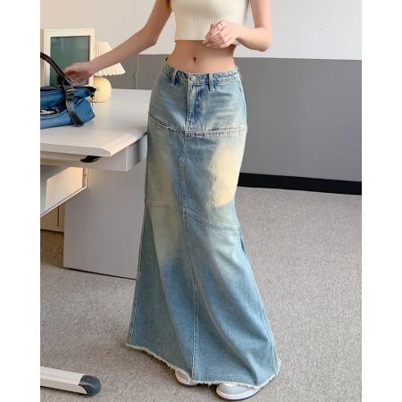 RM34058#春夏新款潮牌设计感牛仔半身裙包臀显瘦鱼尾裙口袋长裙女