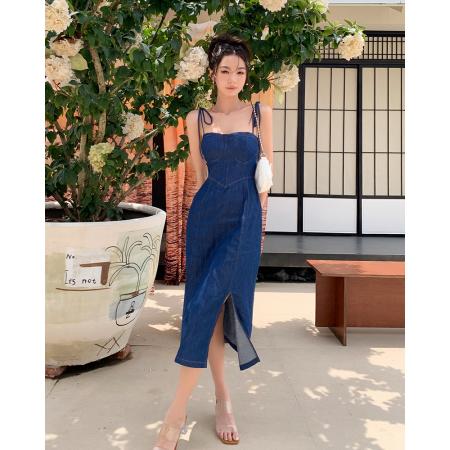 RM34059#夏装新款性感辣妹女抹胸裙侧开叉收腰吊带牛仔连衣裙
