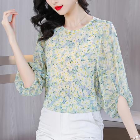 RM34066#碎花真丝上衣女夏季2024新款轻奢名媛气质T恤桑蚕丝温柔法式小衫